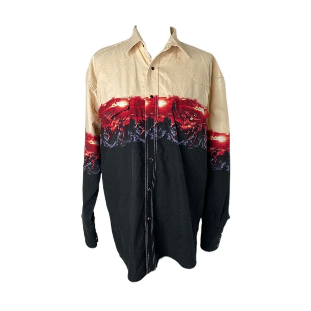 Wrangler Men's Western Shirt Black 2004 Bronco Sunset Pearl Snap Size Large